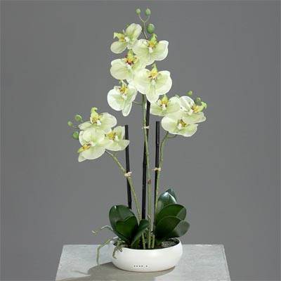 Orchide factice 3 hampes coupe cramique H45cm touch rel