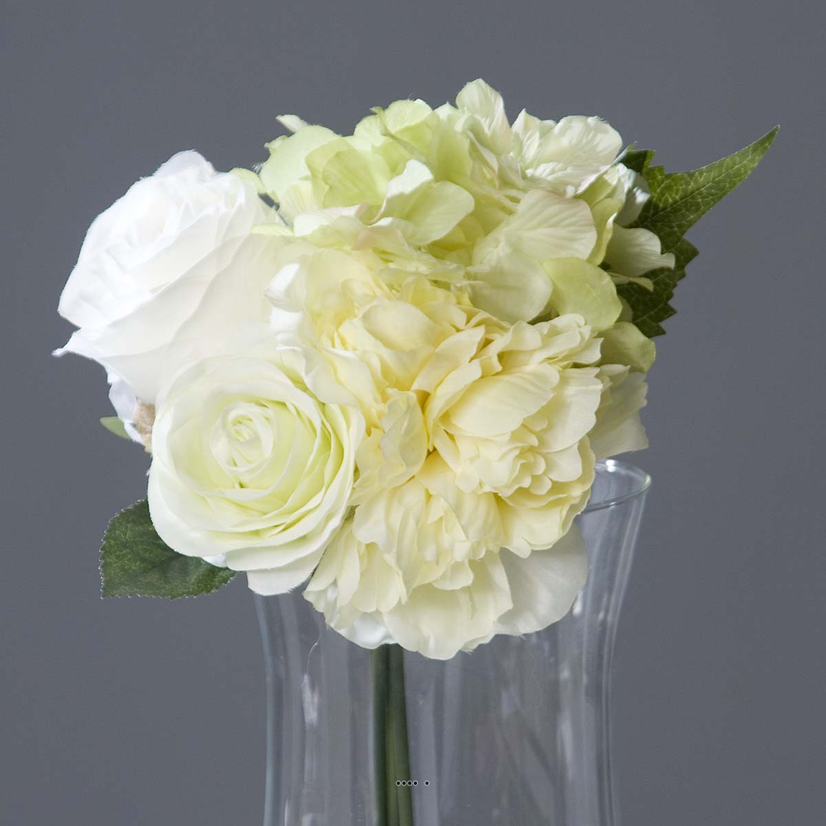 Bouquet de Roses et Hortensias factices Blanc-vert 4 têtes D20cm