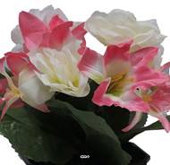 Vasque fleurs artificielles cimetière roses et lys H 28 cm D 25 cm Rose pâle