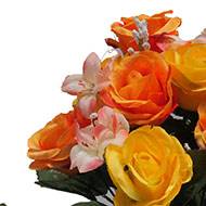 Fleurs artificielles cimetière pot de roses, min fleurs et gypsophiles H 36 cm D 32 cm Orange