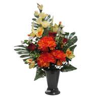 Pot Cone de fleurs artificielles œillet, Bouton de rose, Orchidée, Glaieul Orange pour la Toussaint 