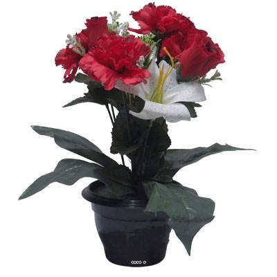 Pot pour Tombe d'œillet, Lys tigré et mini fleurs Rouge artificiels - Toussaint