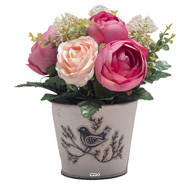 Pot Zinc fleurs artificielles Boutons de Pivoines pour le cimetière H 24 cm D 21 cm Fushia