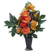 Pot Cône de Dahlias fleurs artificielles pour le cimetière H 60 cm D 40 cm Orange