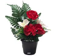 Pot de Boutons de Roses fleurs artificielles pour le cimetière H 34 cm D 23 cm Rouge-orange