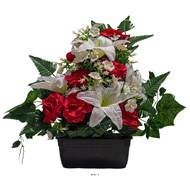 Jardinière de Roses fleurs artificielles pour le cimetière H 50 cm Lg 50 cm Rouge-orange