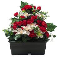 Extraordinaire Jardinière de Pivoines artificielles pour le cimetière H 55 cm Lg 58 cm Rouge-orange