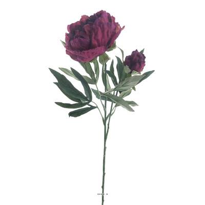 Pivoine Joy artificielle H 67 cm 2 tetes 3 feuilles effet texturé Rose fushia