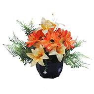 Composition fleurs artificielles pour cimetière vasque lys et gerberas Orange