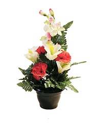 Composition fleurs artificielles pour cimetière pot œillets, orchidées et lys H 39 cm D 30 cm