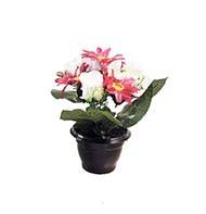 Composition de fleurs artificielles pour cimetière pot roses et gerberas H 29 cm D 30 cm Rose fushia