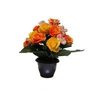 Fleurs artificielles cimetière pot de roses, min fleurs et gypsophiles H 36 cm D 32 cm Orange