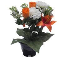 Pot pour Tombe d'œillet, Lys tigré et mini fleurs Orange artificiels - Toussaint