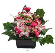 Jardinière de Roses fleurs artificielles pour le cimetière H 50 cm Lg 50 cm Fushia