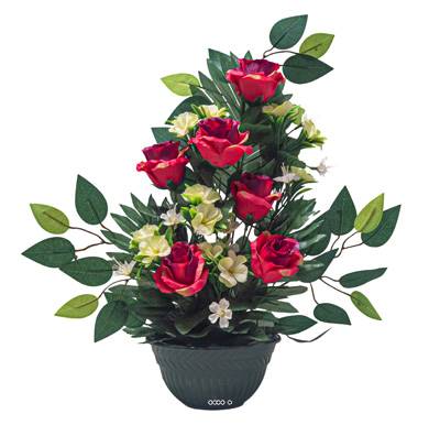Vasque de Roses fleurs artificielles pour le cimetière H 50 cm D 35 cm Rouge
