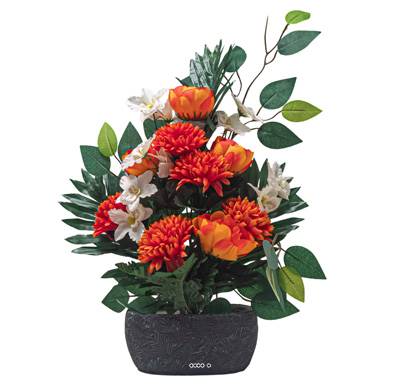 Jardinière Béton de renocules fleurs artificielles pour le cimetière H 50 cm Lg 44 cm Orange