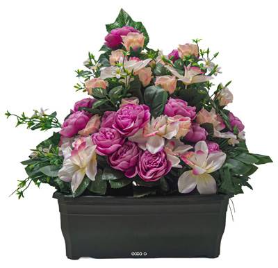 Extraordinaire Jardinière de Pivoines artificielles pour le cimetière H 55 cm Lg 58 cm Lavande