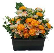 Extraordinaire Jardinière de Pivoines artificielles pour le cimetière H 55 cm Lg 58 cm Jaune-orange