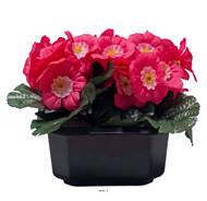 Vasque Carrée de Primevères fleurs artificielles pour le cimetière H 13 cm Lg 17 cm Fushia