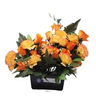 Jardinière funéraire devant de tombe de fleurs artificielles roses et œillets H 50 cm L 55 cm Jaune