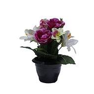 Composition fleurs artificielles cimetière pot roses lys arums H 28 cm D 25 cm Mauve violet