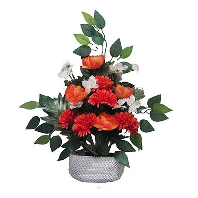 Jardinière déco fleurs artificielles cimetière chrysanthèmes et pivoines Orange