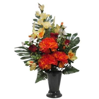 Pot Cone de fleurs artificielles œillet, Bouton de rose, Orchidée, Glaieul Orange pour la Toussaint 