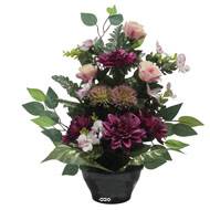 Vasque de Dahlia, Rose, Mini fleurs, Chardon et Ficus Pourpre artificiels - Toussaint