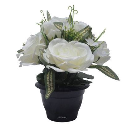 Pot de roses, bouton de rose et mini fleurs creme artificiels pour la Toussaint