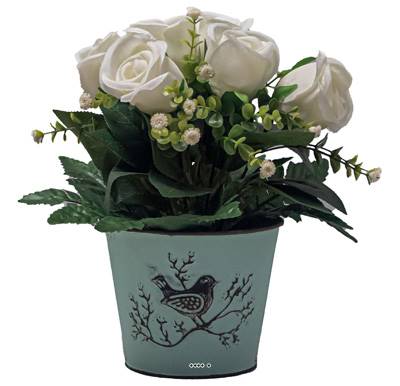 Pot Zinc fleurs artificielles Boutons de rose pour le cimetière H 26 cm D 23 cm Blanc neige