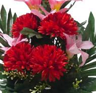Pot de Chrysanthemes fleurs artificielles pour le cimetière H 38 cm D 22 cm Rouge