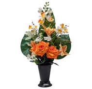 Pot Cône d'Orchidées fleurs artificielles pour le cimetière H 57 cm D 40 cm Orange
