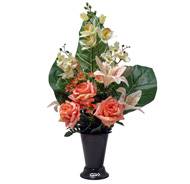 Pot Cône d'Orchidées fleurs artificielles pour le cimetière H 57 cm D 40 cm Rose saumon
