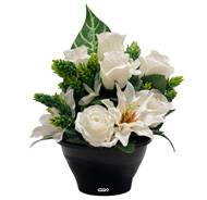 Pot de Roses et Lys fleurs artificielles pour le cimetière H 31 cm D 24 cm Crème