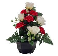 Vasque de Boutons de Roses fleurs artificielles pour le cimetière H 40 cm Lg 28 cm Rouge-orange