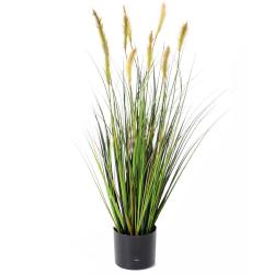 Gramine en pot factice plante eau & quenouille H90cm D45cm Vert-jaune