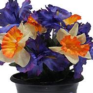 Fleurs artificielles cimetière mini jardinière ovale iris et jonquilles H31 cm L34 cm Pourpre-orange