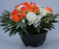 Fleurs artificielles cimetière vasque roses et orchidées H38 cm D55 cm Orange