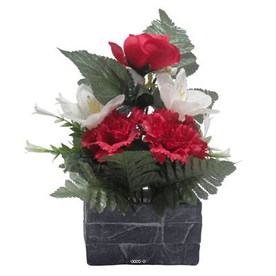 jardinièrre pot beton Renoncule, œillet, et alstromeria pour la Toussaint Rouge