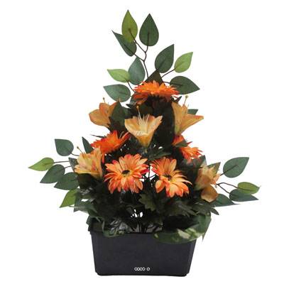 Jardinière fleurs artificielles gerbera, Alstromeria et Ficus Orange pour la Toussaint