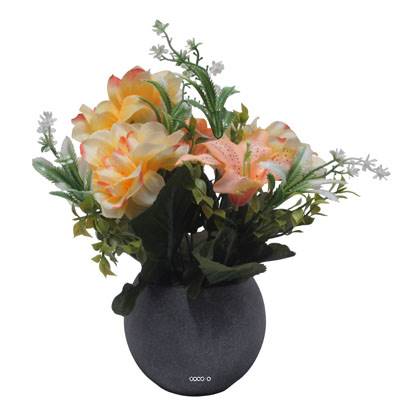 Pot Boule Béton pour Tombe de Dahlia, Lys et mini fleurs Orange artificiels - Toussaint