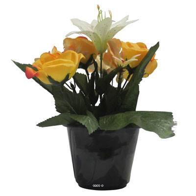 Pot pour cimetière de bouton de Rose, Orchidée et Lys artificiels Jaune- Toussaint 