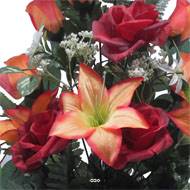 Jardinière fleurs Rose, Bouton de rose, Lys tigré et Ficus Rouge artificiels pour la Toussaint
