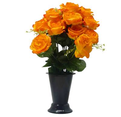 Pot Cône de Roses fleurs artificielles pour le cimetière H 43 cm D 27cm Orange
