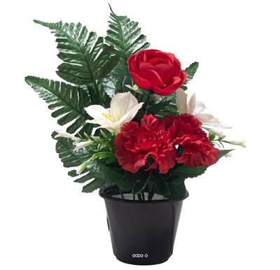 Pot de Boutons de Roses fleurs artificielles pour le cimetière H 34 cm D 23 cm Rouge-orange