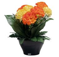 Vasque d'Oeillets fleurs artificielles pour le cimetière H 25 cm D 27 cm Jaune-orange