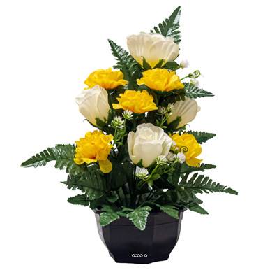 Vasque de Boutons de Roses fleurs artificielles pour le cimetière H 40 cm Lg 28 cm Jaune citron