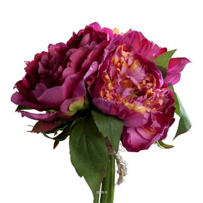 Bouquet de 3 Pivoines Fuchsia épanouies factices Corde & feuille H26cm