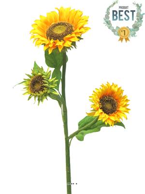 Tournesol artificiel en branche, 2 fleurs, un bouton, H 85 cm - BEST