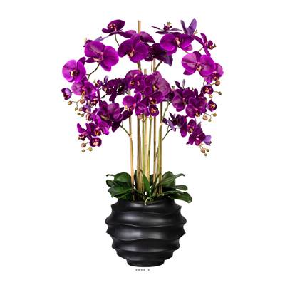 Orchidée Factice 7 hampes vase résine noir H105cm D75cm Mauve violet
